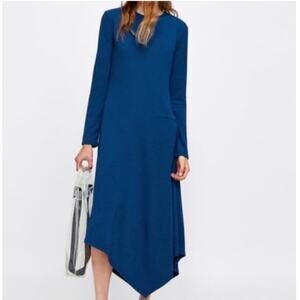 Zara Dress Women’s Large Blue Asymmetrical Crew Neck Office Long Sleeve Textured